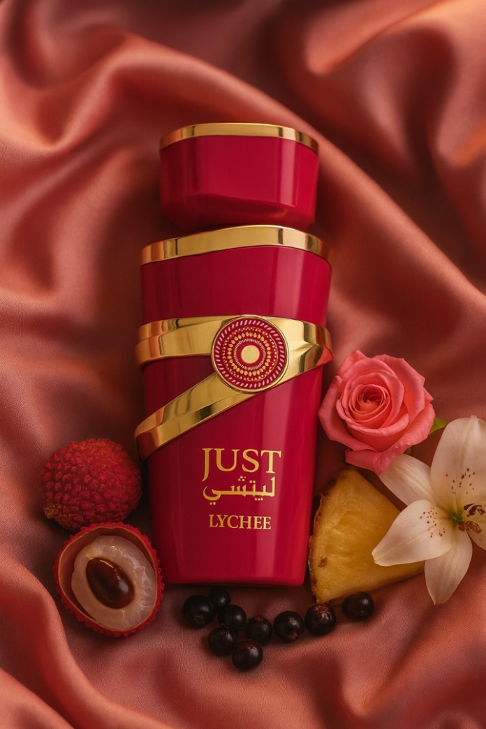 3. Widok flakonu Fragrance World Just Lychee – woda perfumowana o zapachu egzotycznego liczi i ananasa.